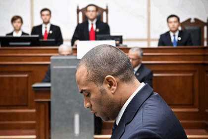 Federal Fraud Conviction Press Release Image: Courtroom scene with judge, jury, and law enforcement examining financial fraud evidence, including dollar signs and forged documents, symbolizing justice in a high-profile PPP loan fraud case.