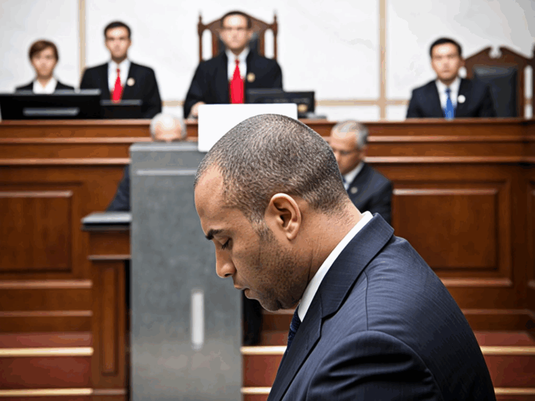 Federal Fraud Conviction Press Release Image: Courtroom scene with judge, jury, and law enforcement examining financial fraud evidence, including dollar signs and forged documents, symbolizing justice in a high-profile PPP loan fraud case.