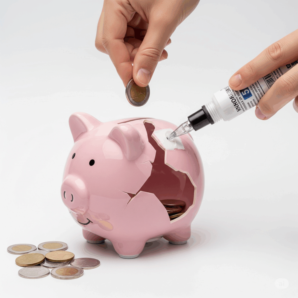 A cracked piggy bank being carefully mended while a hand places a coin inside, symbolizing the process of financial recovery and getting money back after a scam.
