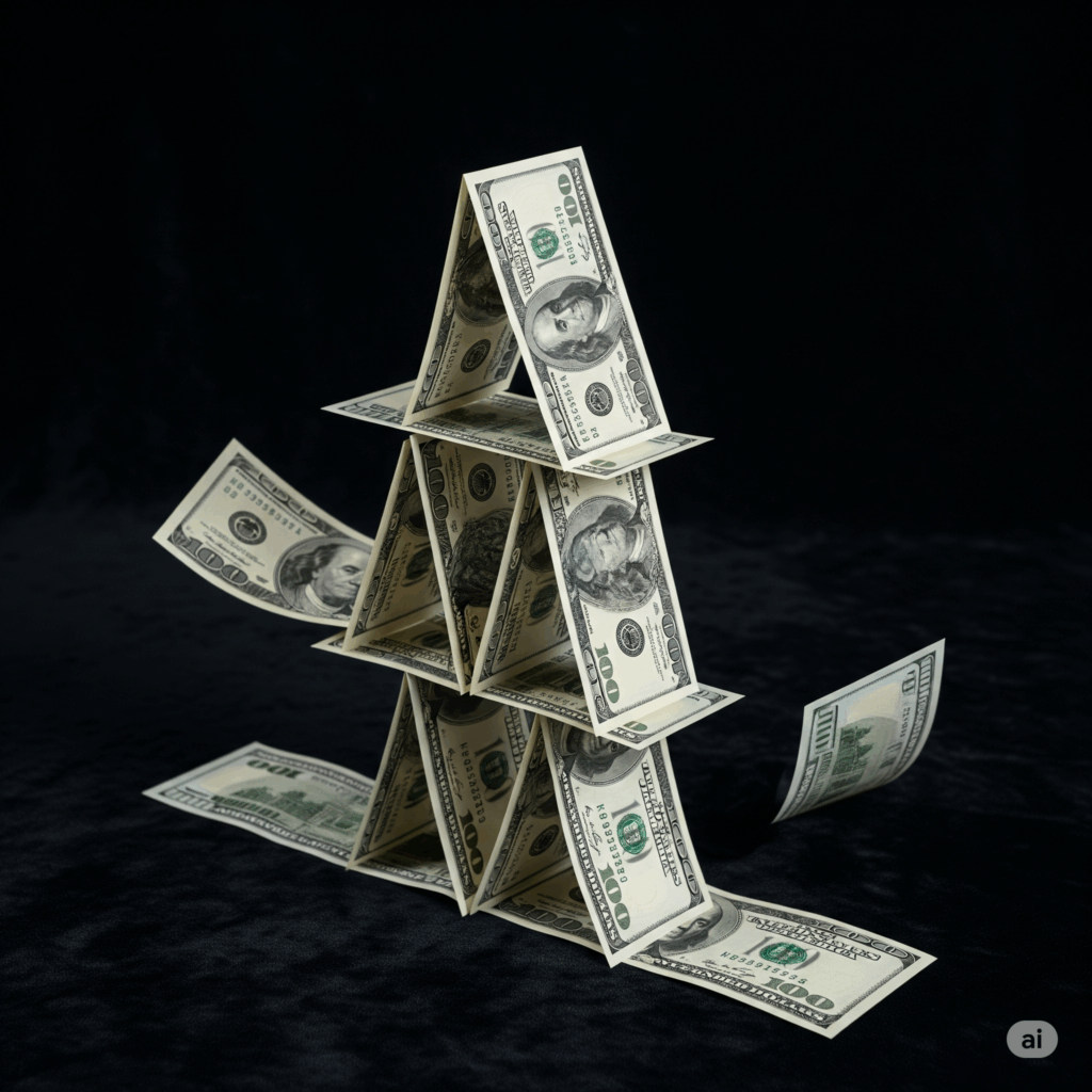 A house of cards made of hundred-dollar bills, representing the inherent risk and eventual collapse of a financial Ponzi scheme.