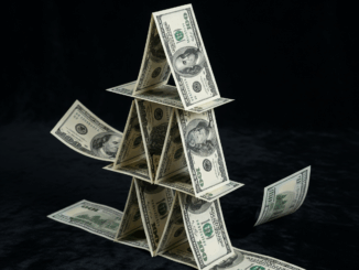 A house of cards made of hundred-dollar bills, representing the inherent risk and eventual collapse of a financial Ponzi scheme.