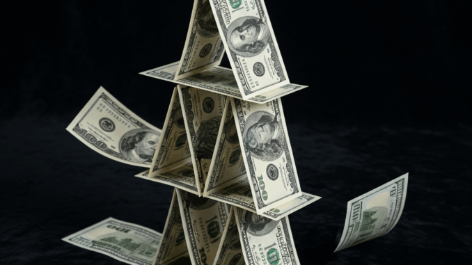 The Dangers of Investment Fraud and Ponzi Schemes A house of cards made of hundred-dollar bills, representing the inherent risk and eventual collapse of a financial Ponzi scheme.