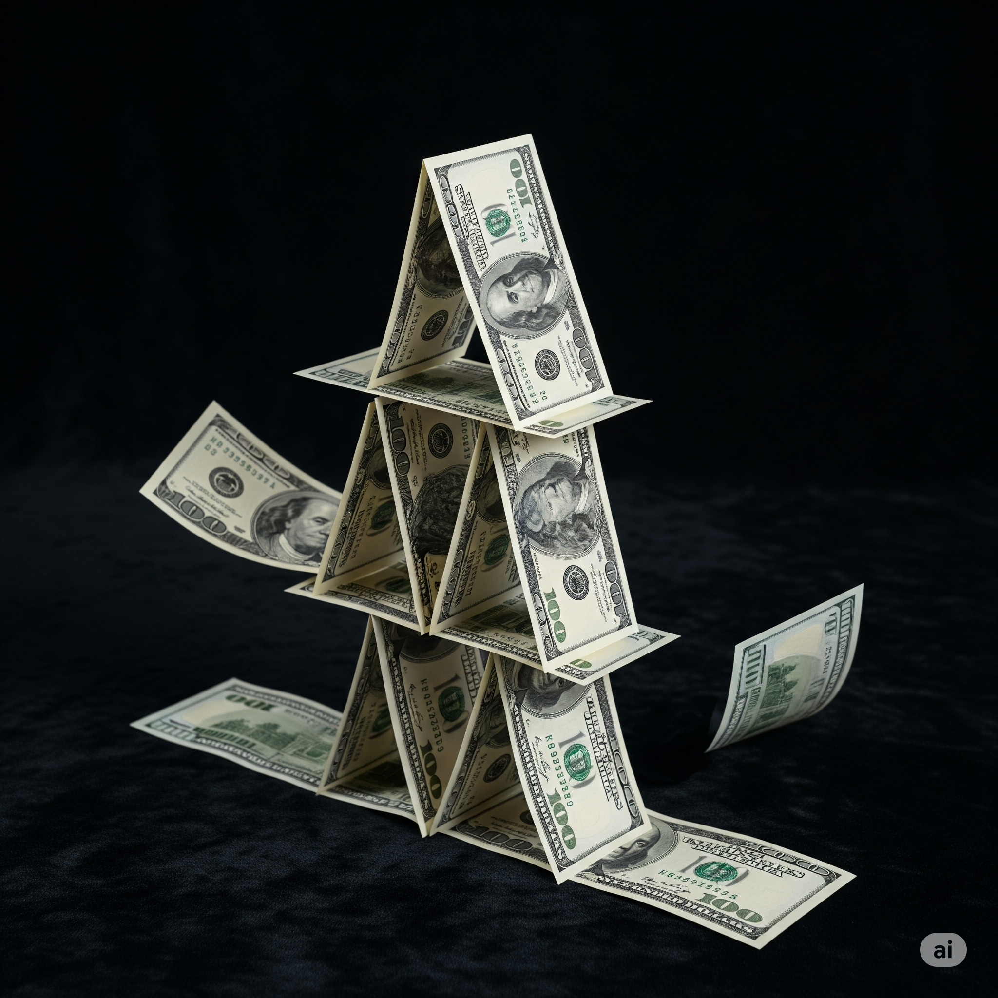 A house of cards made of hundred-dollar bills, representing the inherent risk and eventual collapse of a financial Ponzi scheme.