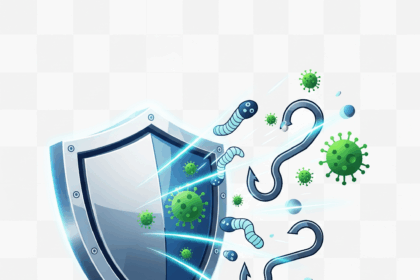 A stylized shield deflecting phishing hooks and malware, symbolizing effective scam detection and online security.