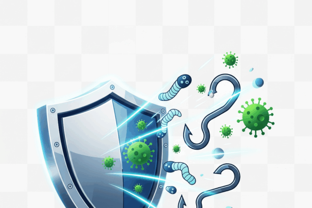 A stylized shield deflecting phishing hooks and malware, symbolizing effective scam detection and online security.