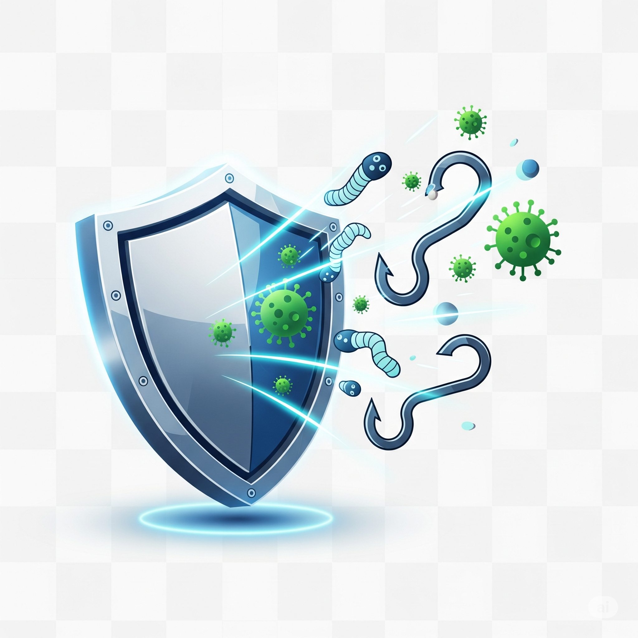 A stylized shield deflecting phishing hooks and malware, symbolizing effective scam detection and online security.