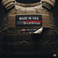 A cracked ballistic vest with a 'Made in USA' tag peeling off to reveal a 'Made in China' label, symbolizing the ShotStop body armor fraud. This image represents the dangers of counterfeit tactical gear and the deception perpetrated by Vall Iliev's company.
