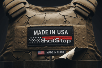 A cracked ballistic vest with a 'Made in USA' tag peeling off to reveal a 'Made in China' label, symbolizing the ShotStop body armor fraud. This image represents the dangers of counterfeit tactical gear and the deception perpetrated by Vall Iliev's company.