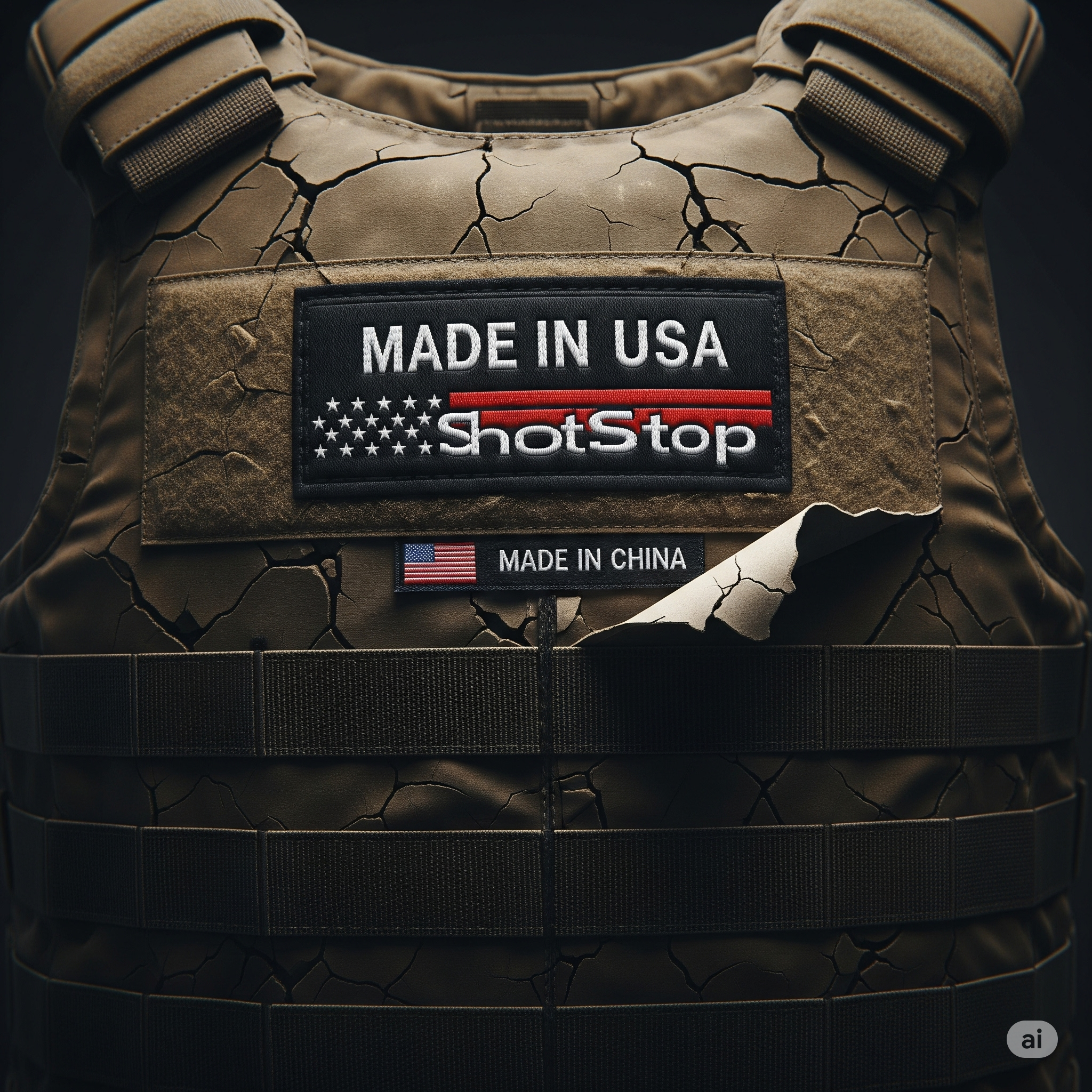 A cracked ballistic vest with a 'Made in USA' tag peeling off to reveal a 'Made in China' label, symbolizing the ShotStop body armor fraud. This image represents the dangers of counterfeit tactical gear and the deception perpetrated by Vall Iliev's company.