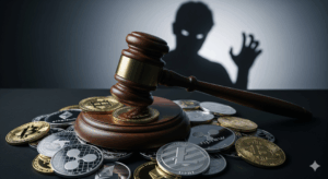 A gavel representing legal action and justice rests on a pile of various cryptocurrencies like Bitcoin and Ethereum, illustrating the theme of crypto scam legal action in 2025.
