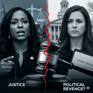 Split image showing New York Attorney General Letitia James (left) and U.S. Attorney Lindsey Halligan (right) with a broken gavel and scales of justice, representing the controversy around James's indictment.