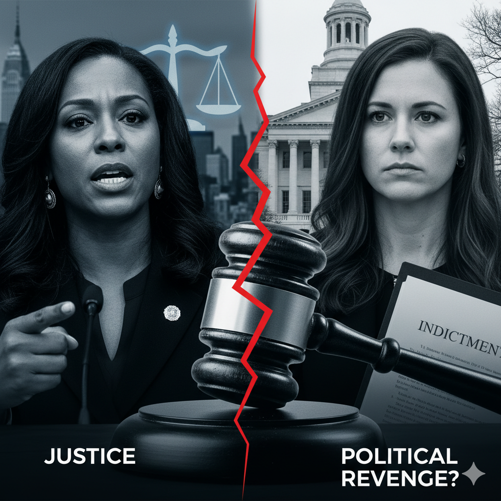 In-Depth Analysis: The Indictment of Letitia James—Justice Served or Political Revenge? 1 Split image showing New York Attorney General Letitia James (left) and U.S. Attorney Lindsey Halligan (right) with a broken gavel and scales of justice, representing the controversy around James's indictment.