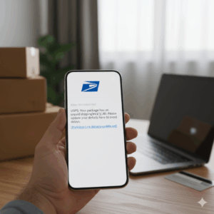A person's hand holding a white smartphone, which displays a fraudulent text message impersonating USPS. The message reads 'USPS: Your package has an unpaid shipping fee of $.85. Please update your details here to avoid delays: [Malicious-Link.delivery-update.net]'. In the background, out of focus, are stacked cardboard delivery boxes, a laptop, and a credit card, emphasizing the context of online shopping and potential fraud.