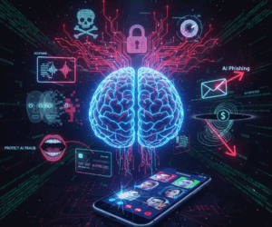 AI Scams and Fraud Exploding in 2025: Deepfakes, Phishing, and Cyber Threats 1 Digital brain symbolizing AI, surrounded by icons for deepfake video calls, voice cloning, phishing emails, and credit card fraud, illustrating AI scams in 2025.