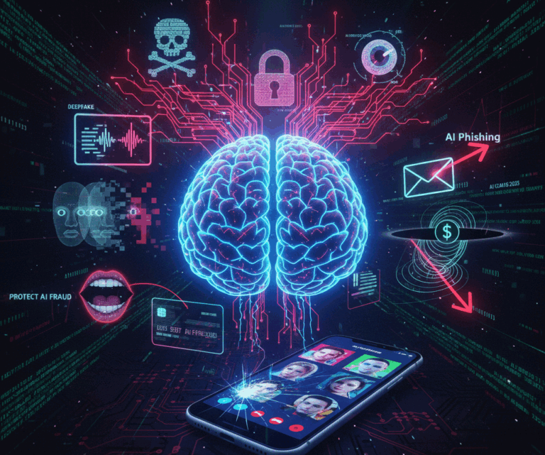 Digital brain symbolizing AI, surrounded by icons for deepfake video calls, voice cloning, phishing emails, and credit card fraud, illustrating AI scams in 2025.