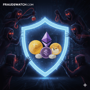 A digital shield protecting cryptocurrency icons from shadowy scammers, representing the Fraudswatch.com guide to avoiding crypto fraud.
