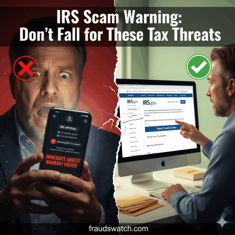 Split image contrasting an IRS phone scam with a legitimate IRS interaction. On the left, a man looks shocked at a phone showing a fake 'IRS Official' call with 'IMMEDIATE ARREST WARRANT ISSUED' in red. On the right, a calm man is at a desktop computer viewing the official IRS.gov website's fraud reporting and account information page. A clear red 'X' mark is over the scam side, and a green checkmark is over the legitimate side.