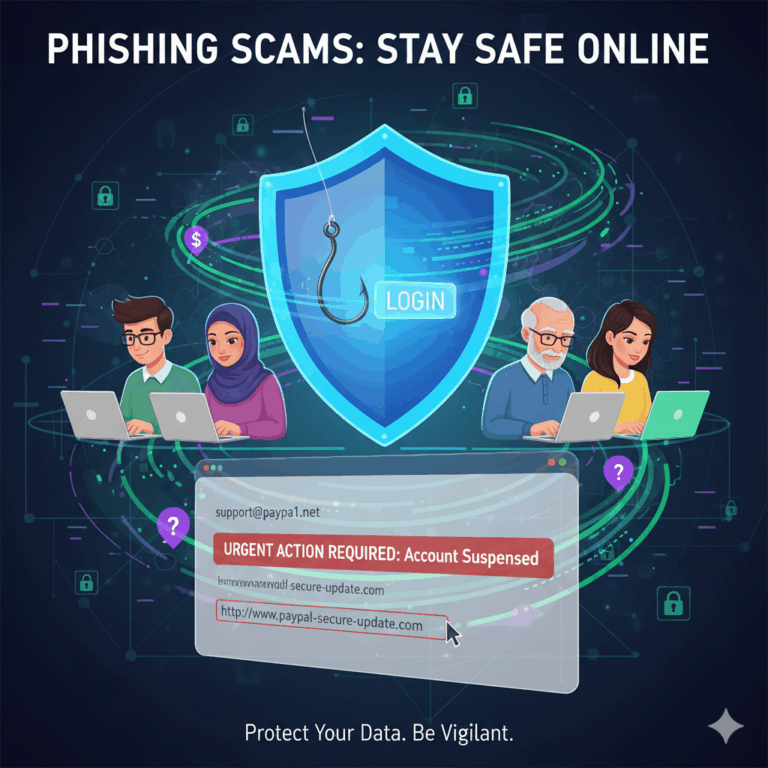 Phishing scams explained: diverse users, a shield with a login hook, and a fake email popup with urgent text and suspicious link.